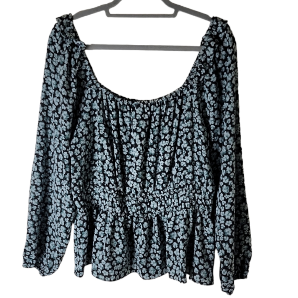 Nine West green white floral peplum top women's large square neck long sleeve